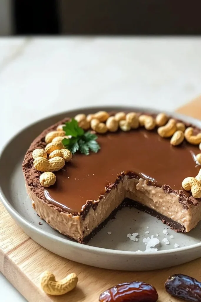 Healthy vegan caramel peanut cheesecake topped with nuts and drizzled with caramel