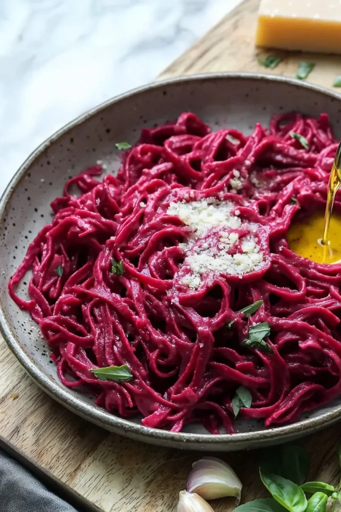 High-protein beet pasta served with fresh herbs and vegetables