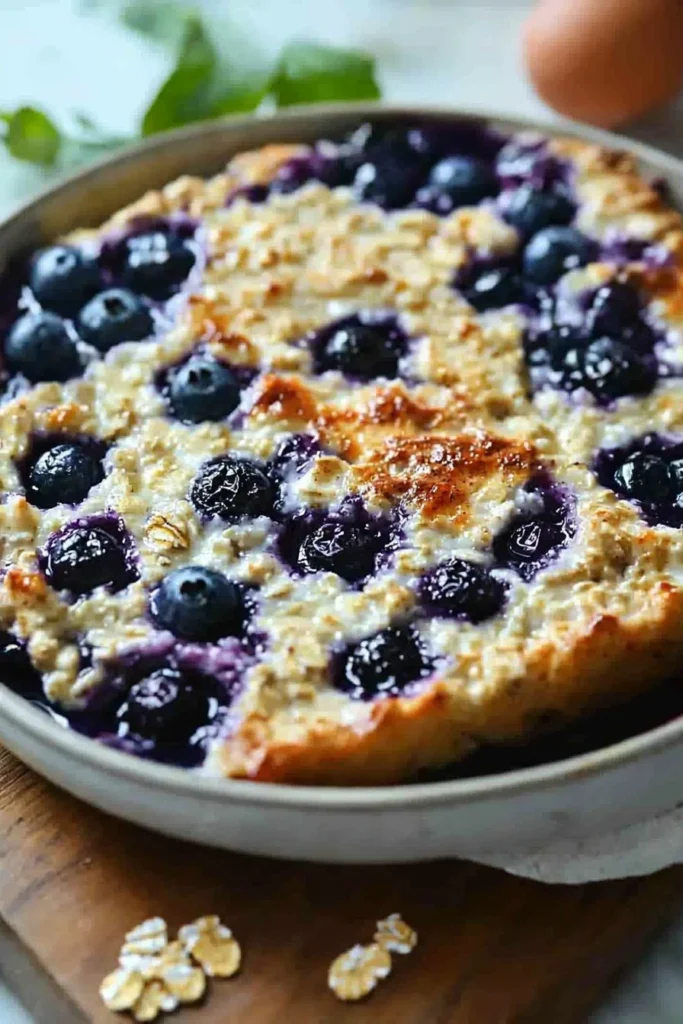 High protein blueberry cottage cheese bake in a baking dish, topped with fresh berries