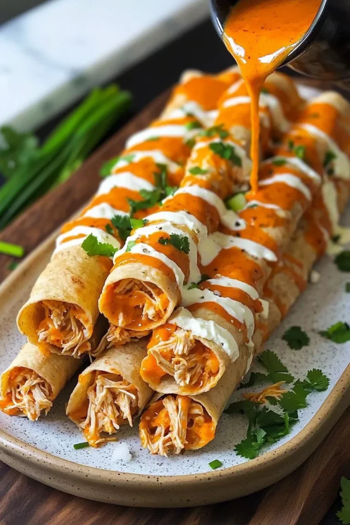 High protein buffalo chicken taquitos served on a plate with dipping sauce.
