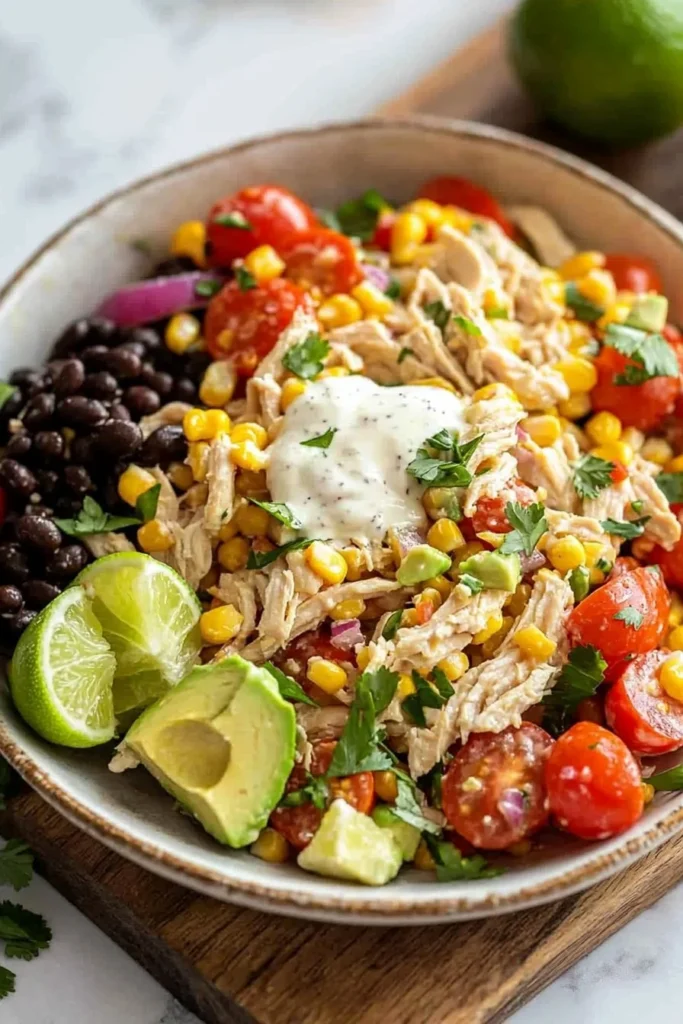High protein Southwest Chicken Salad with grilled chicken, black beans, and corn