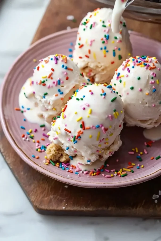 A bowl of homemade birthday cake ice cream with colorful sprinkles on top.