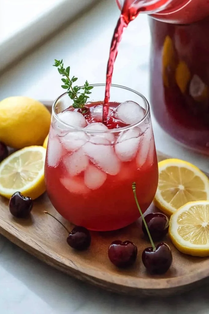 A glass of homemade cherry lemonade with cherries and lemon slices garnishing it.