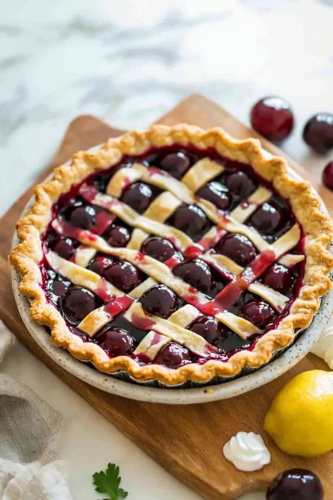 Homemade cherry tart with fresh cherries and a golden flaky crust.