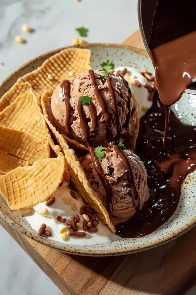 Homemade chocolate taco ice cream served in a crispy taco shell