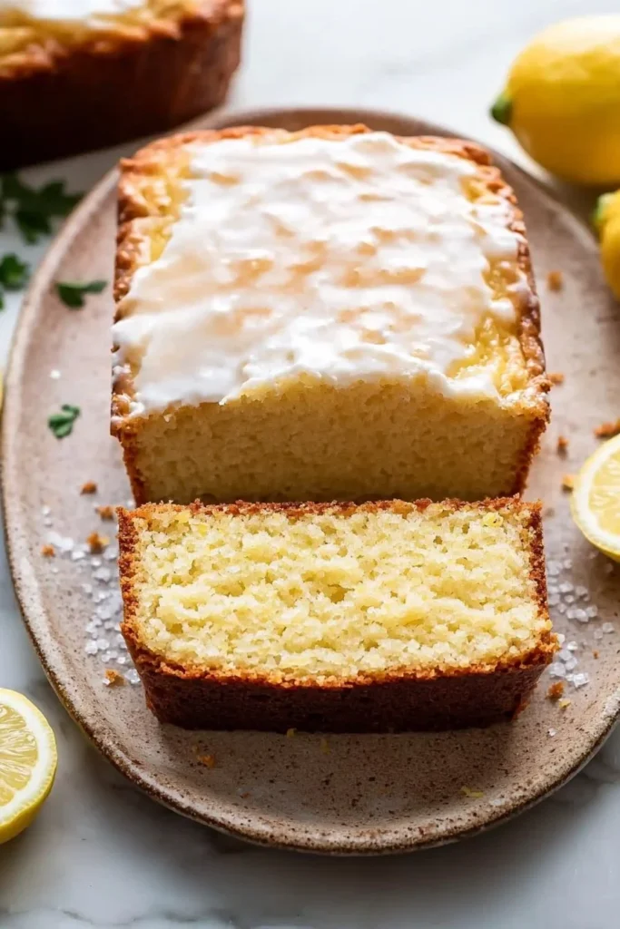 Homemade coffee shop lemon loaf on a rustic wooden table