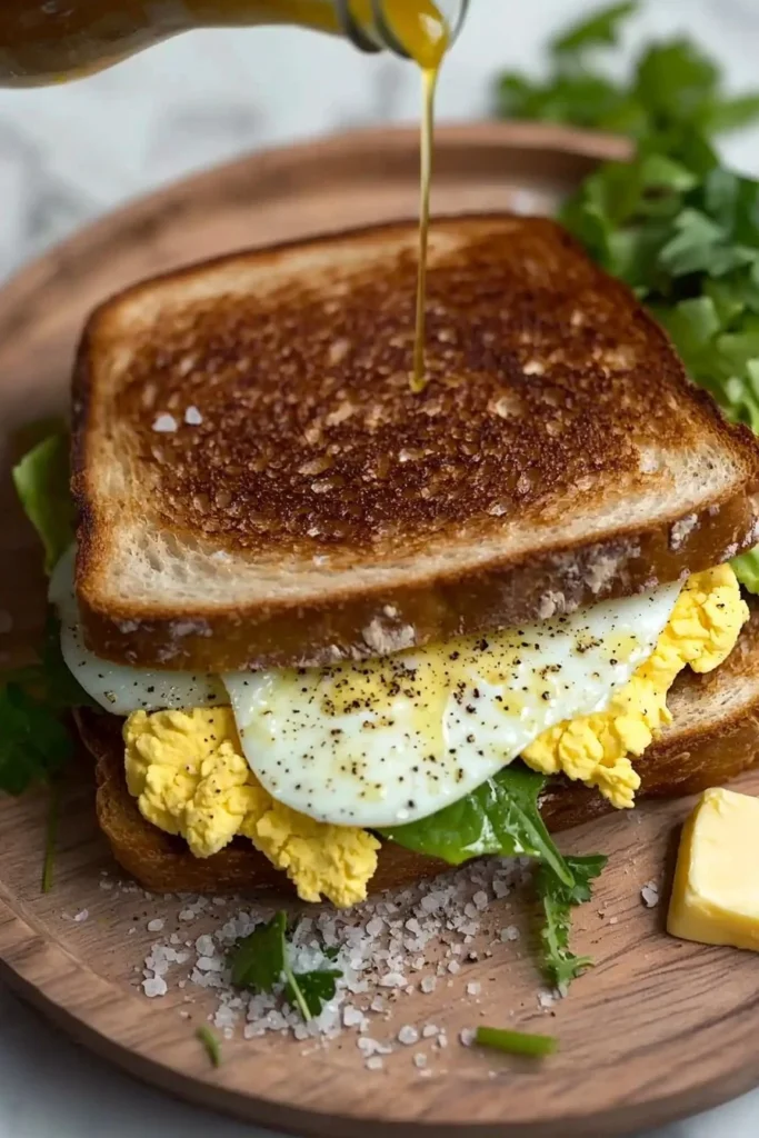 Homemade egg sandwich with fresh ingredients on a wooden plate
