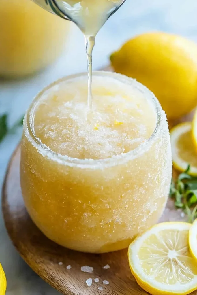Refreshing homemade frozen lemonade served in a chilled glass