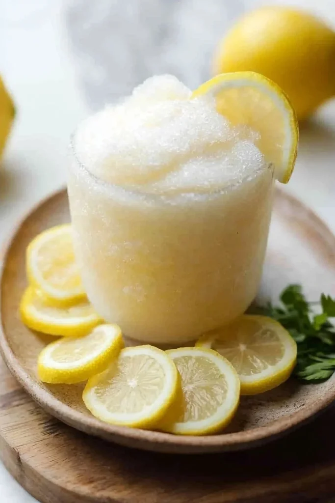 Delicious homemade frozen lemonade served in a glass with lemon slices