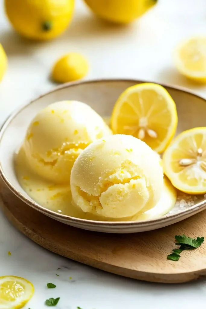 Refreshing homemade lemon sorbet in a bowl with lemon slices