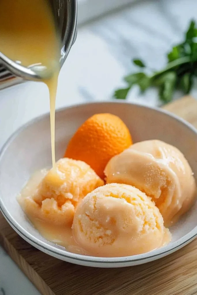 Delicious homemade orange jelly sorbet served in a bowl
