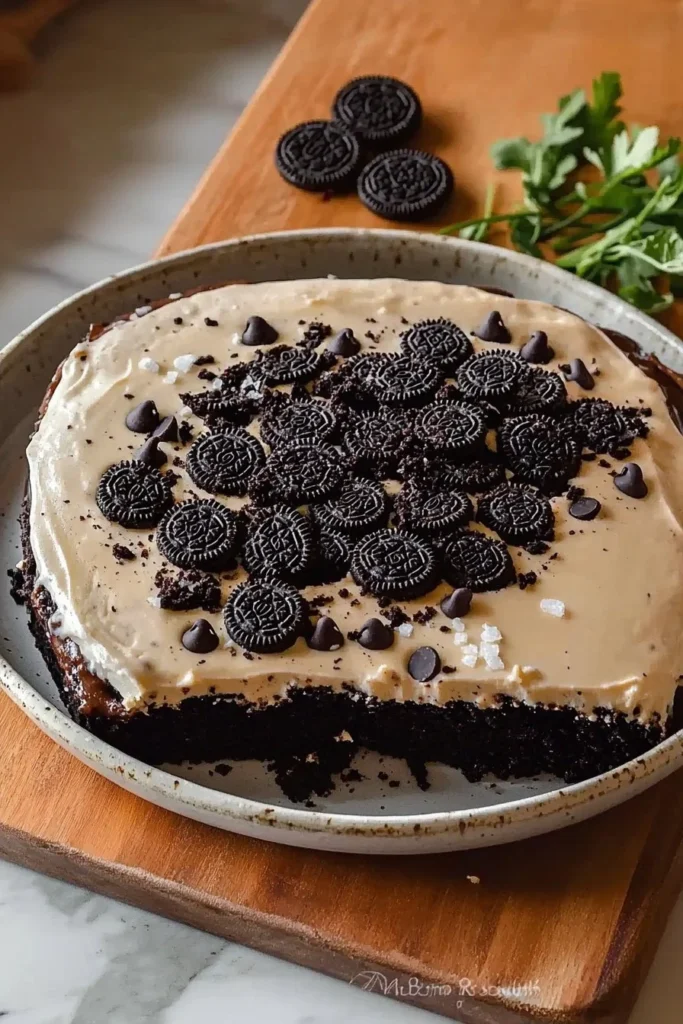 Homemade Oreo Biscuit Cake topped with cream and Oreo crumbs