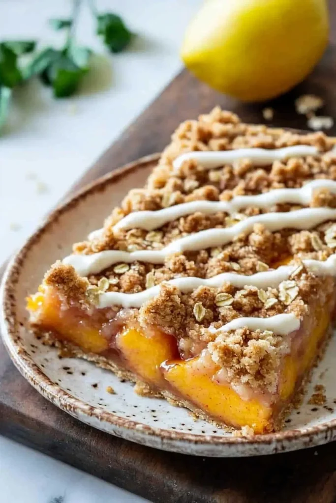 Homemade peach pie crumble bars with fresh peaches and crumbly topping