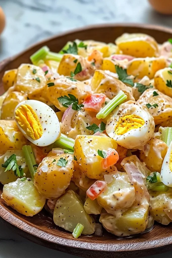 Homemade potato salad in a bowl garnished with fresh herbs