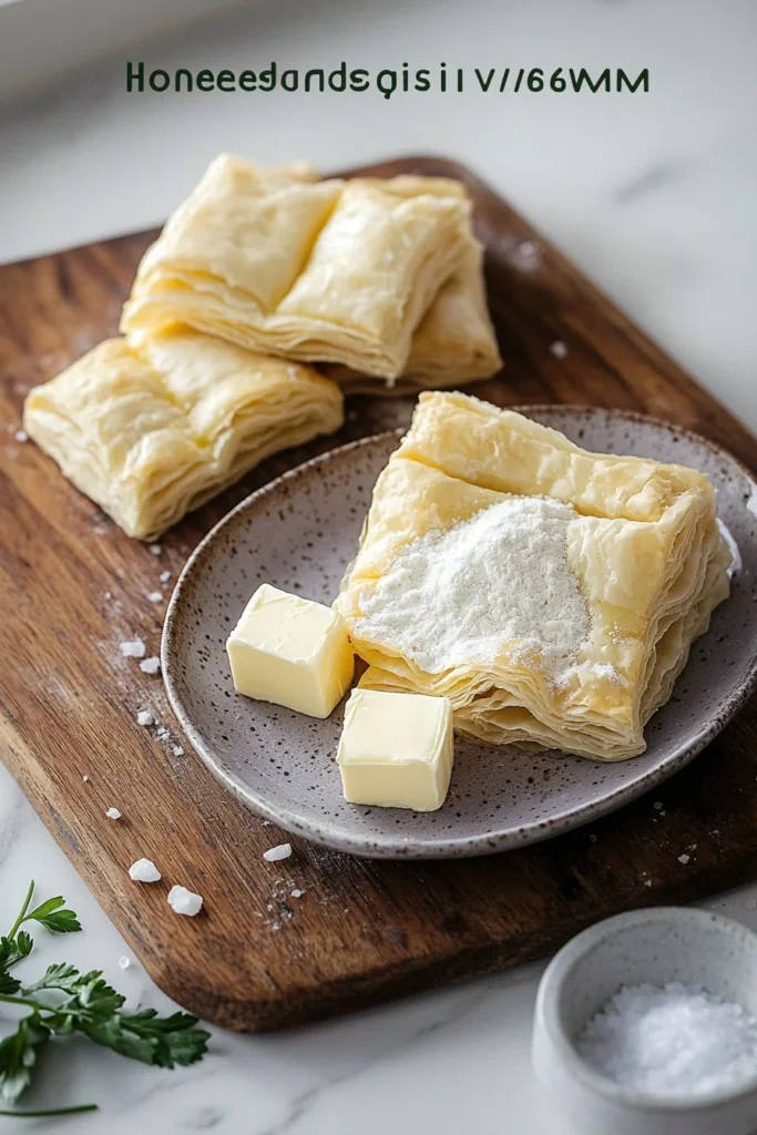 Homemade puff pastry dough on a wooden surface ready for baking