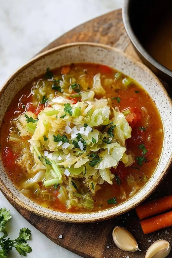 Bowl of homemade slimming cabbage soup with fresh vegetables
