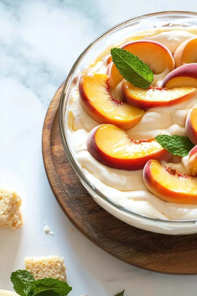 Homemade summer peach mousse trifle layered with peaches and cream in a glass dish.