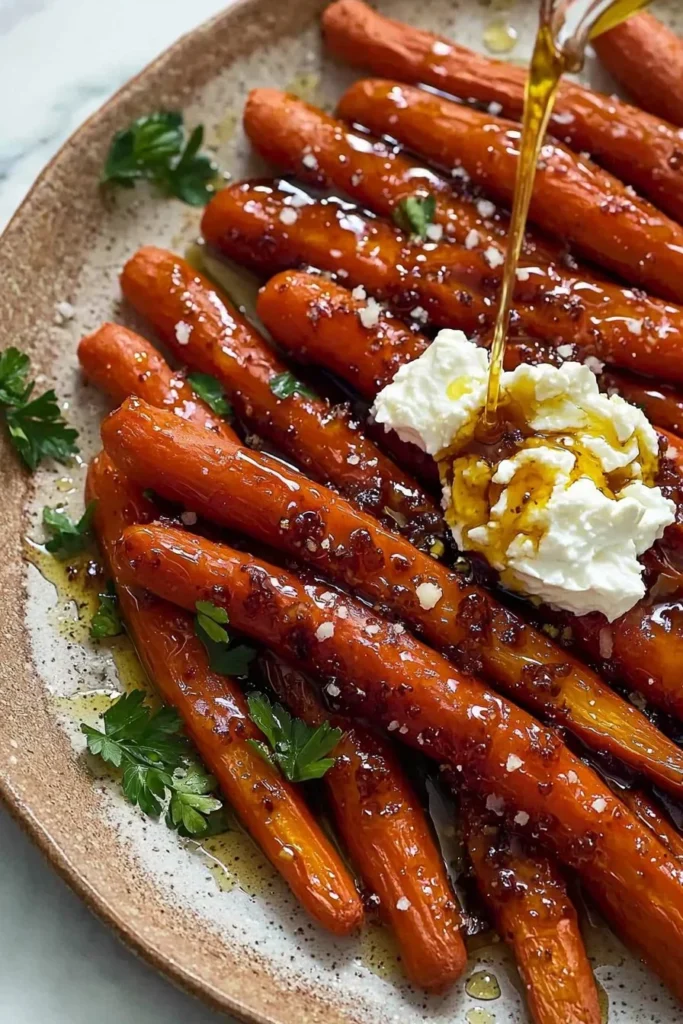 Plate of honey caramelised carrots topped with whipped feta cheese