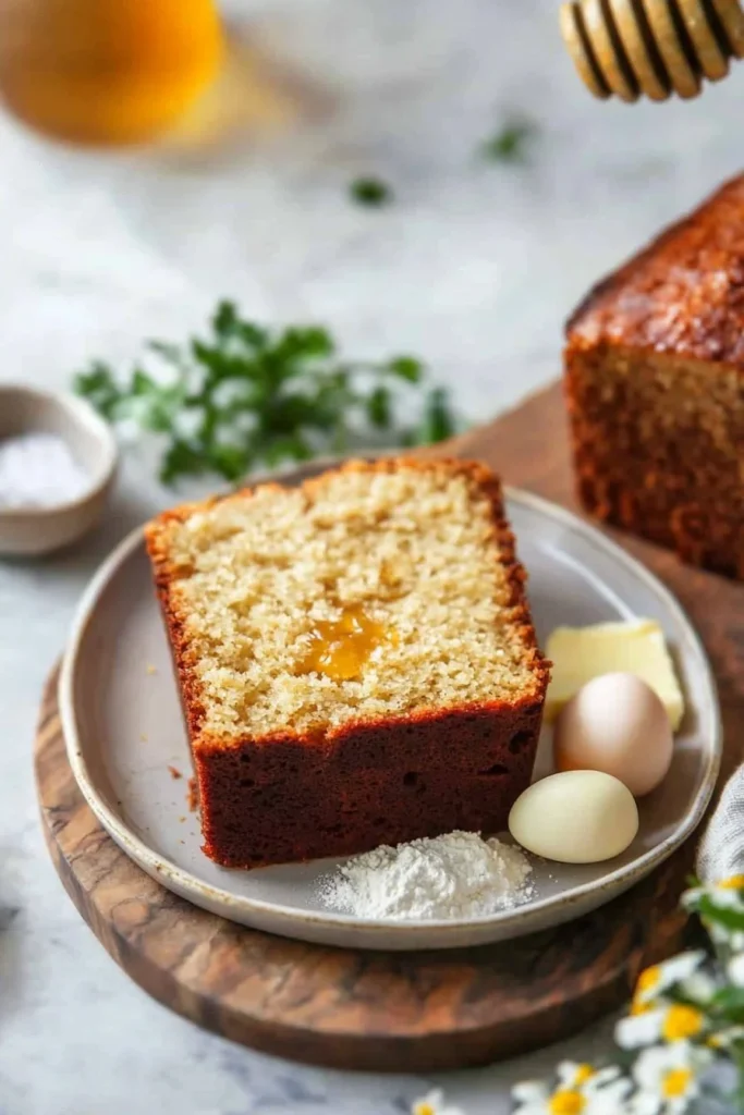 Delicious honey tea cake loaf displayed on a wooden table with tea.