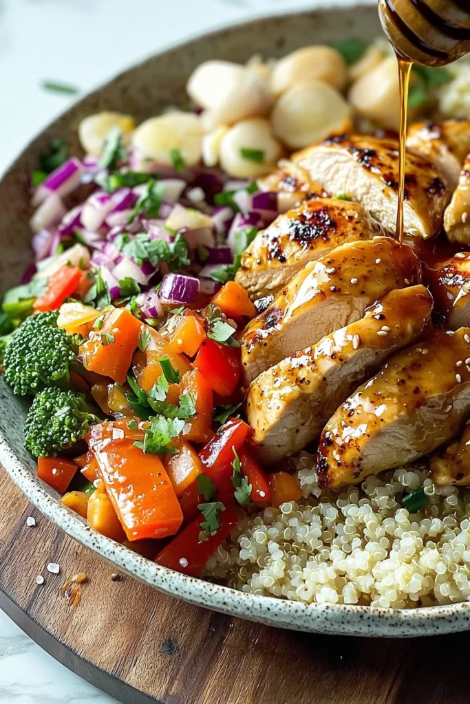 Delicious hot honey chicken bowls with vibrant vegetables and drizzled sauce