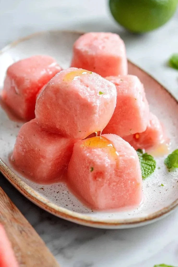 Delicious hydrating watermelon sorbet served in a bowl with mint leaves