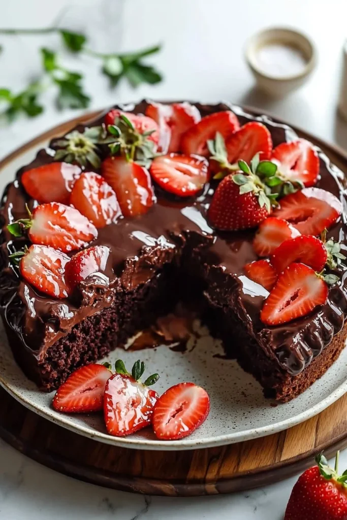 Irresistible strawberry chocolate shell cake topped with fresh strawberries and chocolate