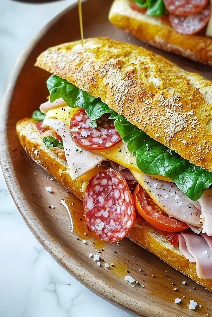 Delicious Italian hero sandwich loaded with meats, cheeses, and vegetables.