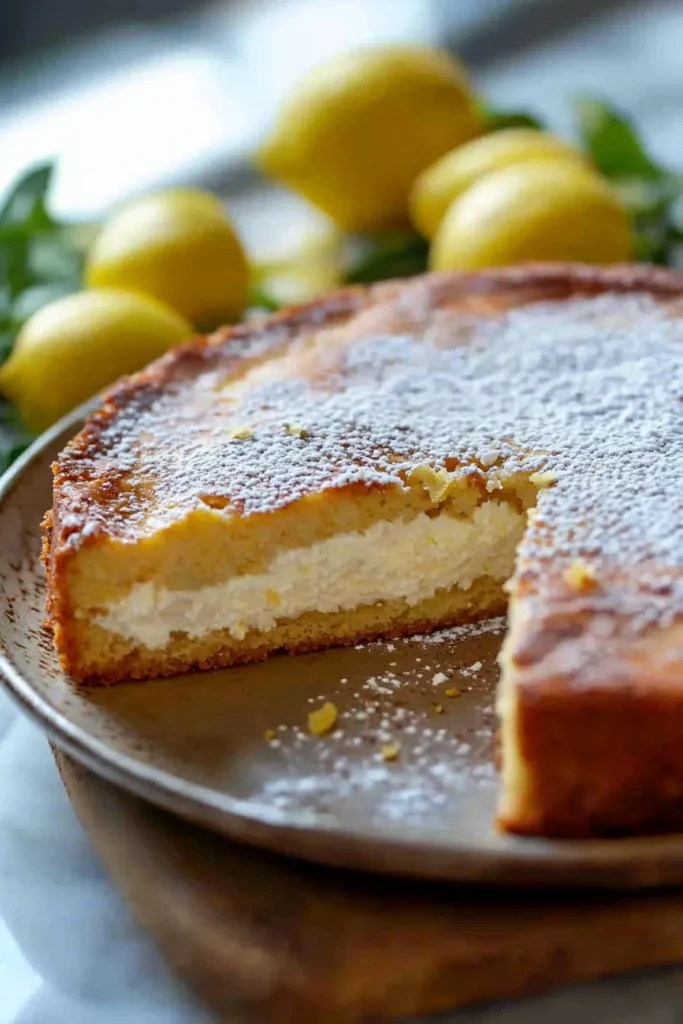 Delicious Italian Lemon Ricotta Cake with a golden crust and lemon zest.