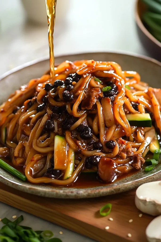 Bowl of Korean black bean noodles garnished with vegetables and sauce