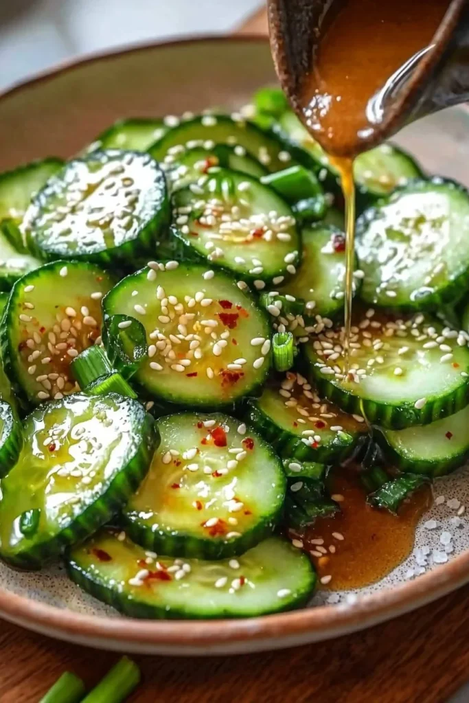 Bowl of vibrant Korean Cucumber Salad with fresh vegetables and seasoning