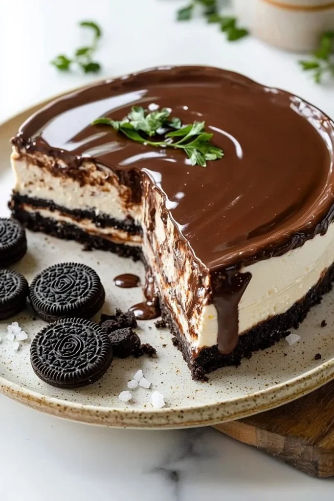 Layered chocolate cheesecake with cookies and cream crust on a white plate