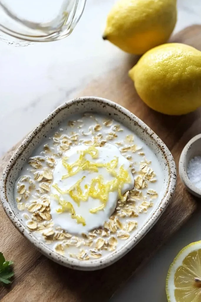 Bowl of lemon cheesecake overnight oats topped with lemon slices and zest.
