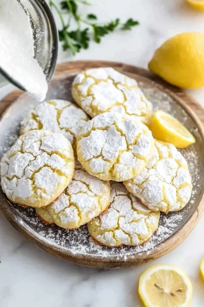 Freshly baked lemon crinkle cookies dusted with powdered sugar