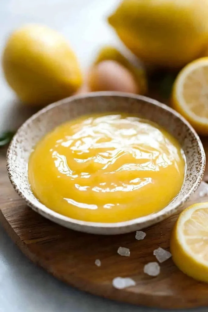 Homemade lemon curd in a glass jar with fresh lemons and a spoon