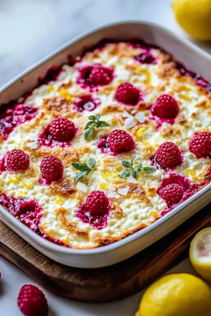 Lemon Raspberry Cottage Cheese Bake dessert with fresh raspberries and lemon zest
