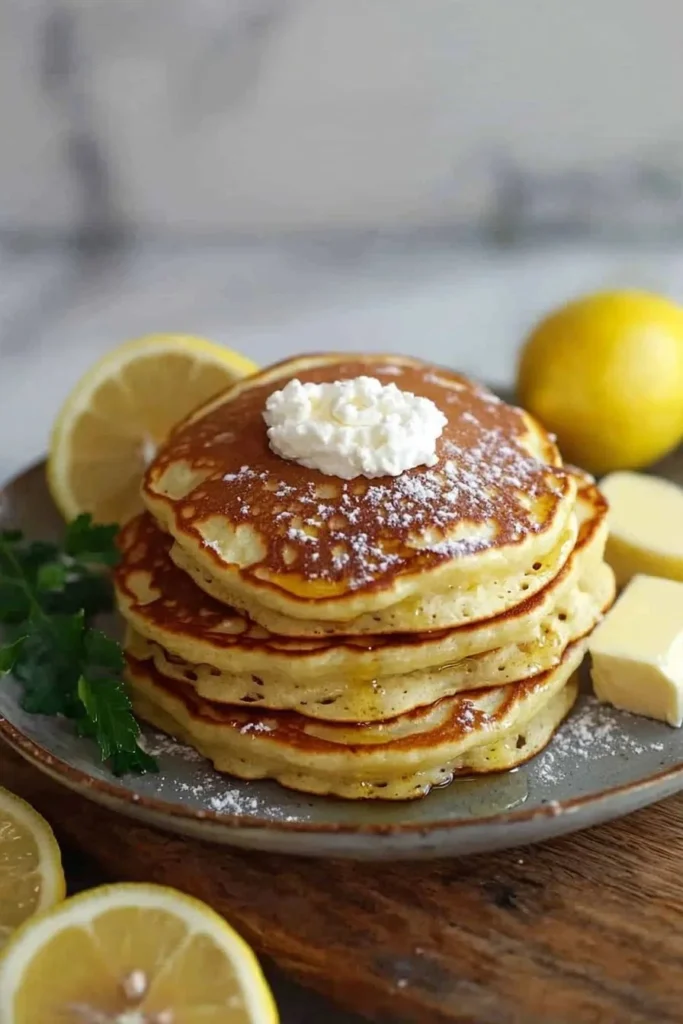 Delicious Lemon Ricotta Pancakes topped with fresh berries and syrup
