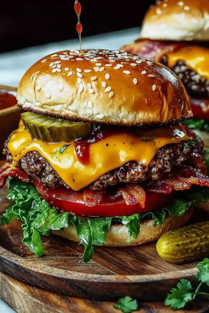 A delicious loaded burger topped with fresh ingredients and savory sauces