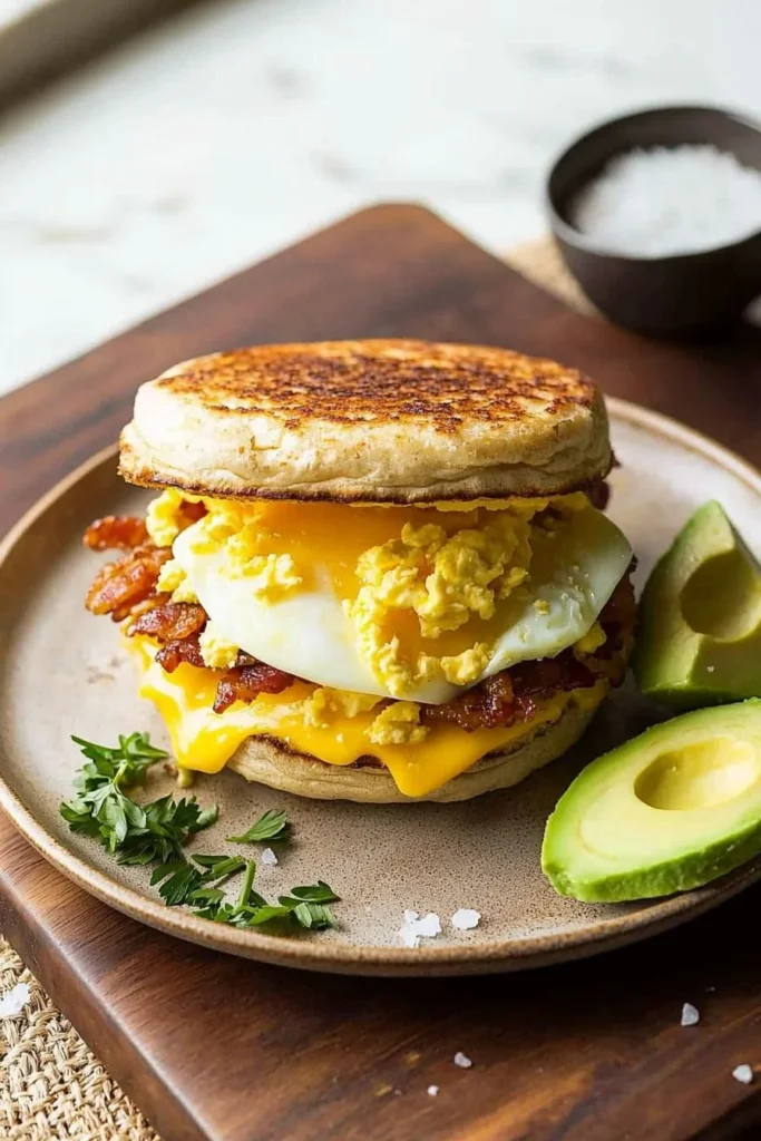Delicious loaded egg breakfast sandwich with fresh ingredients and flavors.
