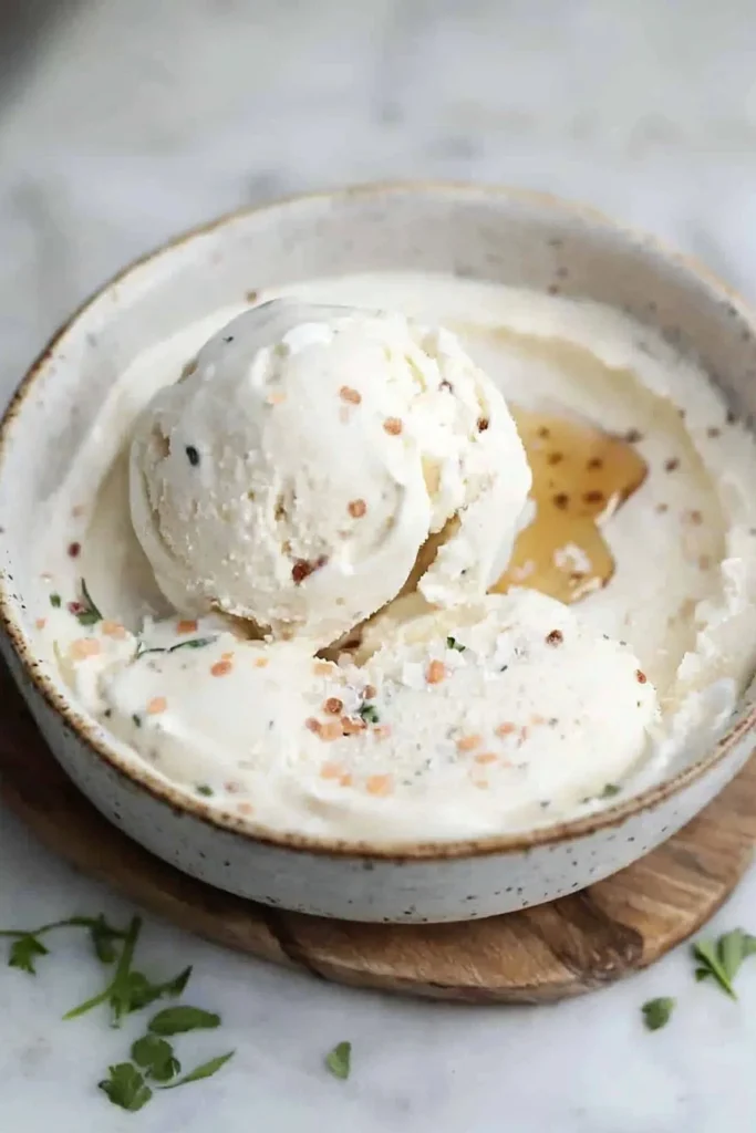 Low calorie sea salt and honey protein ice cream in a bowl