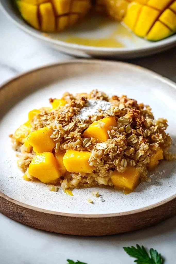 Delicious homemade mango crumble dessert topped with crunchy oats and mango slices