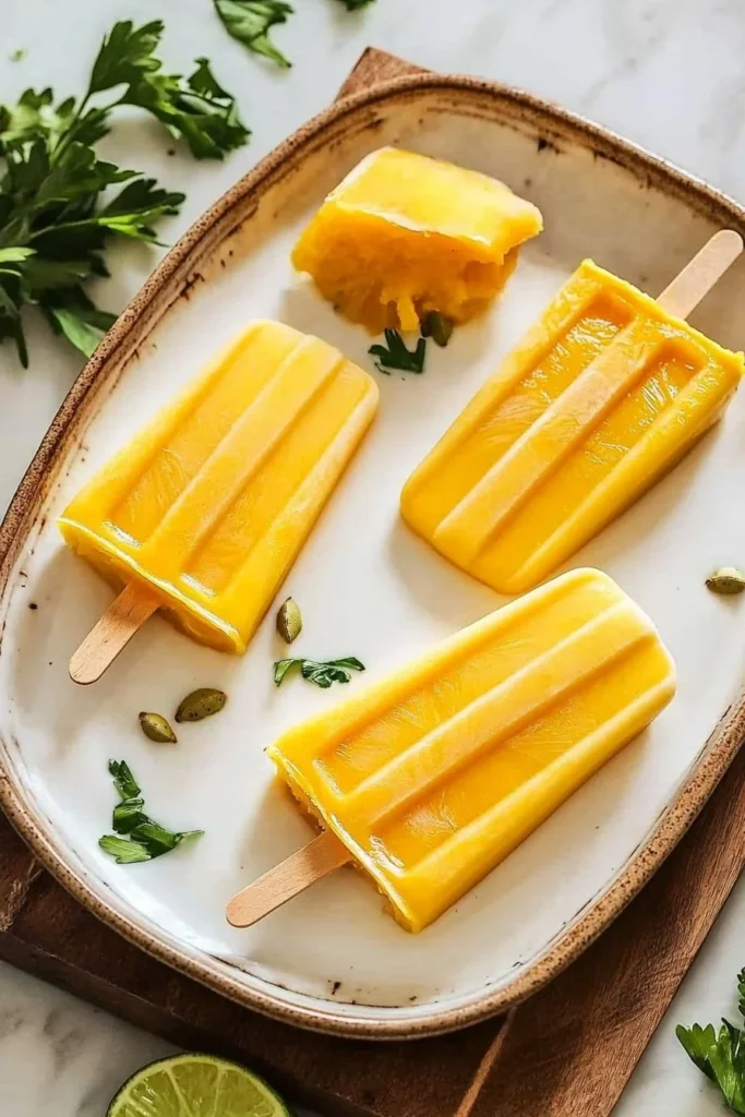 Mango Lassi Popsicles in a colorful dish with fresh mango slices