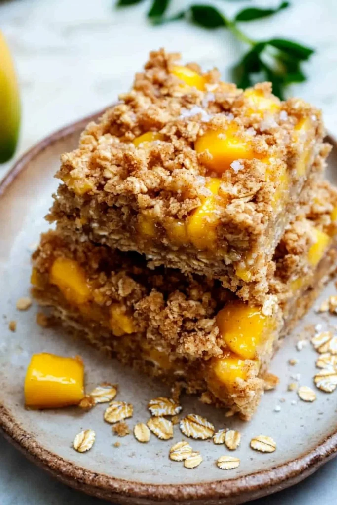 Mango Oatmeal Crumble Bars topped with oats and mango filling