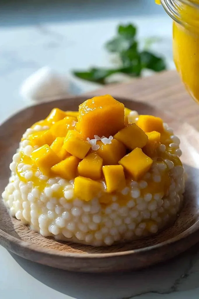 Delicious Mango Sago Dessert Pudding in a bowl with fresh mango slices