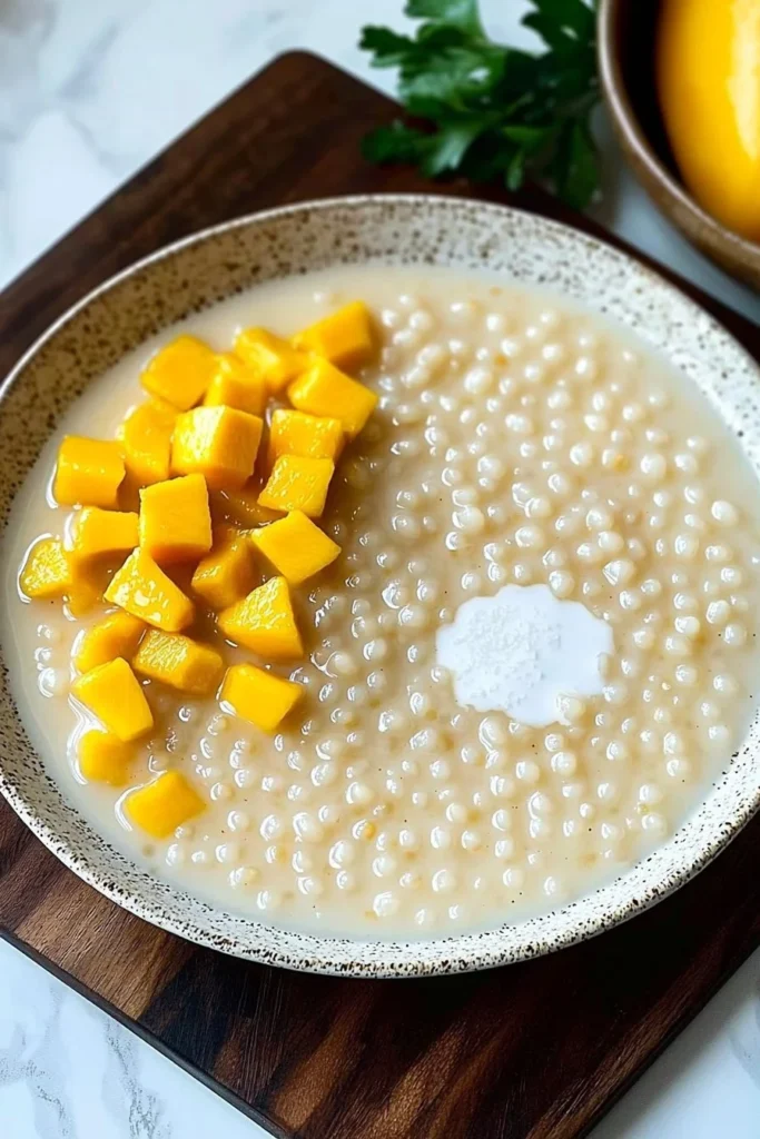 Delicious Mango Sago with Coconut Milk served in a glass