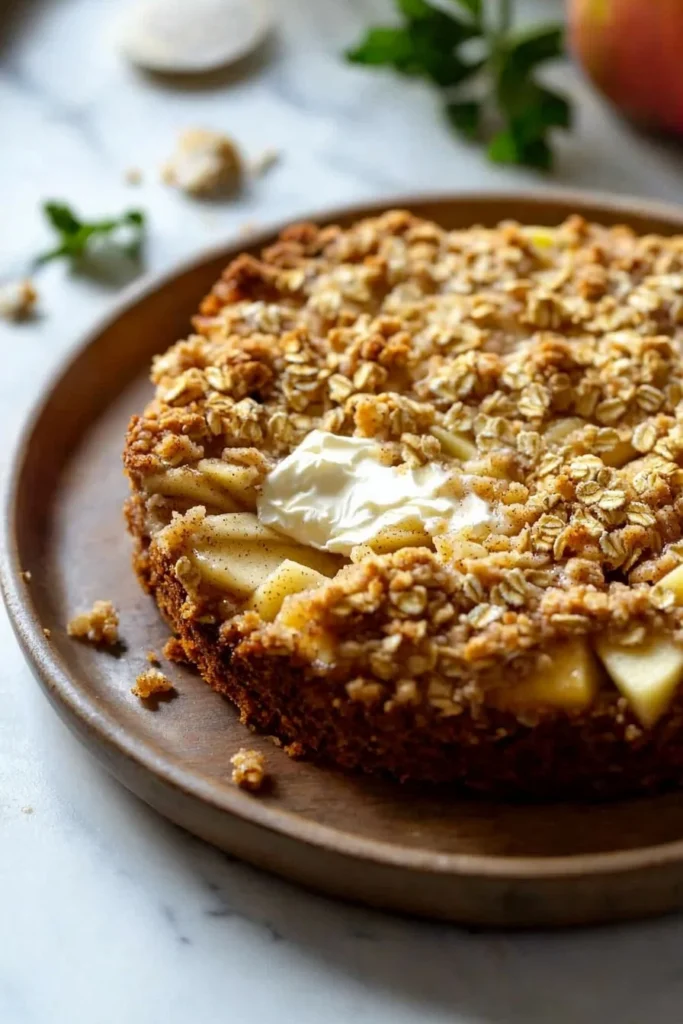 Delicious Mascarpone Apple Crumble Cake topped with a golden crumble
