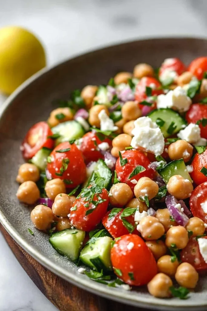 Mediterranean Chickpea Feta Salad with fresh vegetables and a tangy dressing