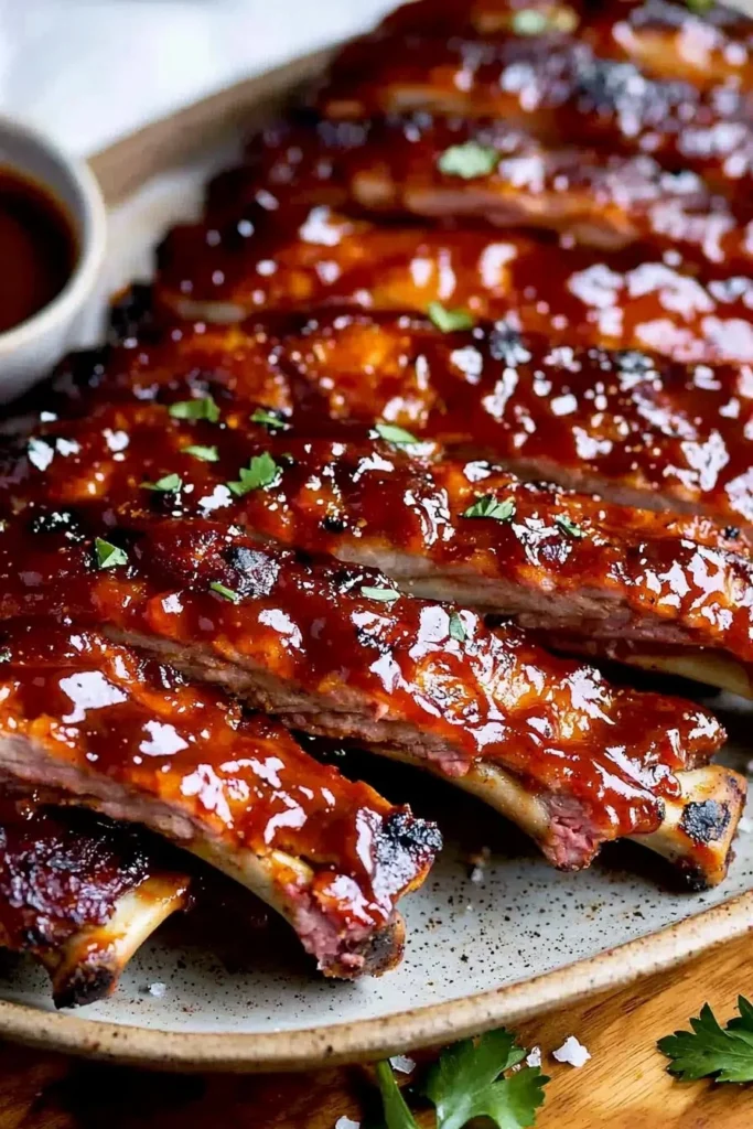 Plate of melt-in-your-mouth oven baked barbecue ribs coated in sauce