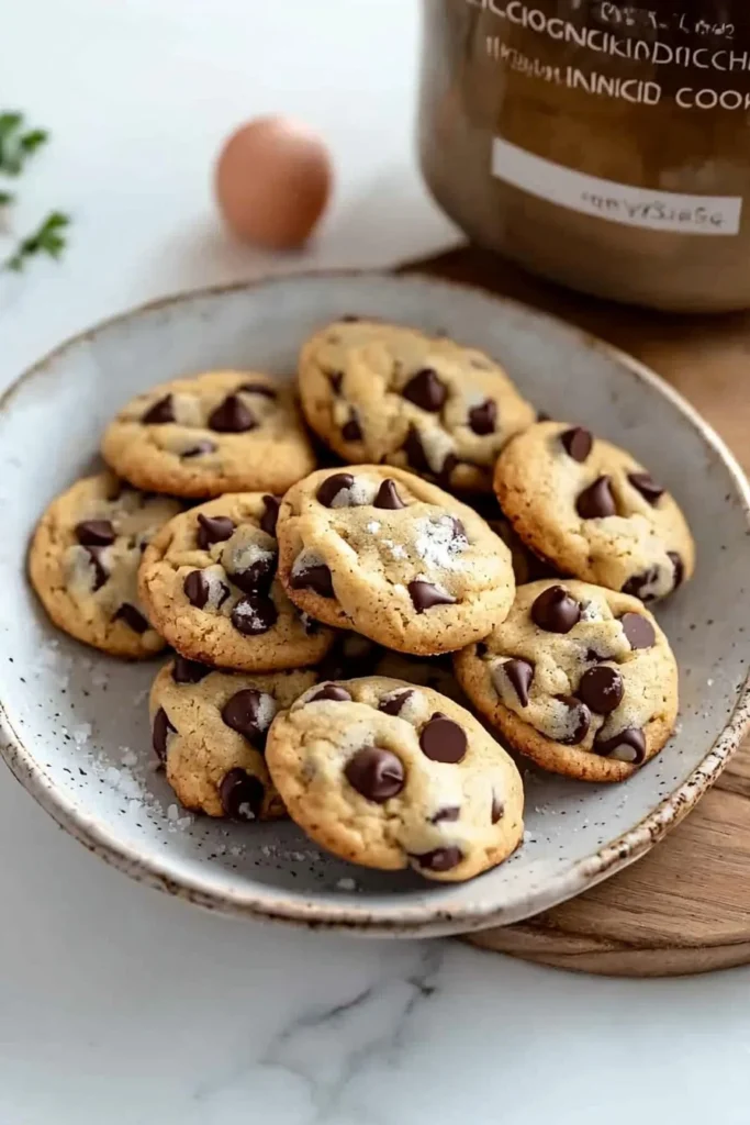Baked mini chocolate chip cookies on a white plate