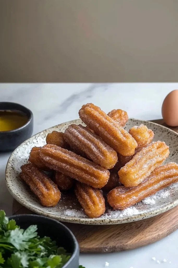 Plate of mini churros dusted with sugar and served with chocolate sauce