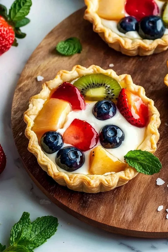 Mini fruit tarts with colorful fruits and creamy pastry cream on a plate
